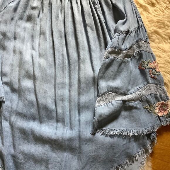 DENIM Blue HIGH-LOW EMBROIDERED LACED SLEEVES OFF-ON OPEN SHOULDER TOP - Picture 14 of 15